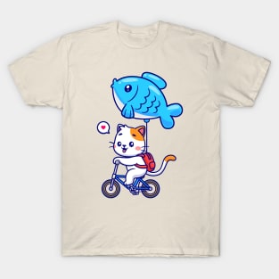 Cute Cat Riding Bicycle With Fish Balloon Cartoon T-Shirt